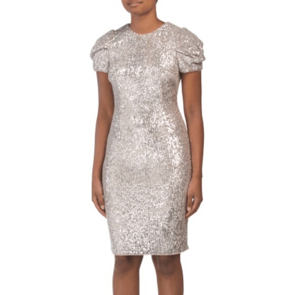 NWT Adrianna Papell Silver Sequin Puff Sheath Dress
